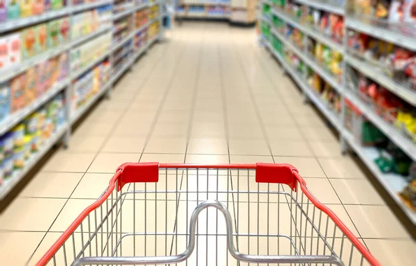Desenfoque Abstracto Supermercado Con Carrito Compras Concepto Compra Alimentos — Foto de Stock