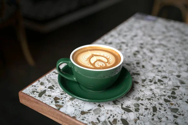 Cup Flat White Coffee Green Cup Beautiful Latte Art Marble — Stock Photo, Image