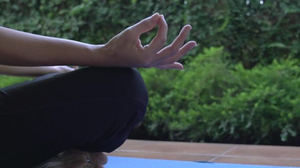 Vista Cerca Del Signo Mano Mujer Hacer Yoga Meditación Relajación — Vídeo de stock