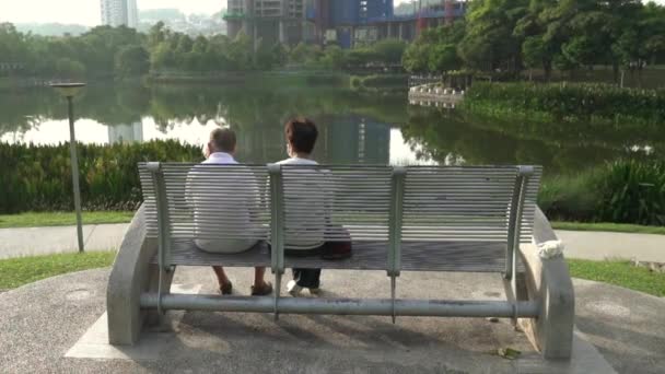 Göle Bakan Bir Parkta Bankta Oturan Yaşlı Çiftin Arka Görüntüsü — Stok video