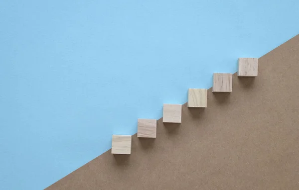 Wood Block Stacking Step Stair Blue Brown Background Business Concept — Φωτογραφία Αρχείου