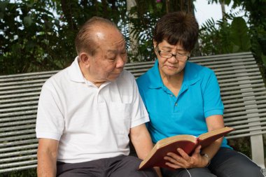 Kitap okuyan yaşlı bir çift.