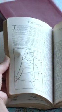 İncil 'in sayfalarını elimle çeviriyorum. Kutsal kitap konsepti okuyorum. Dikey video.