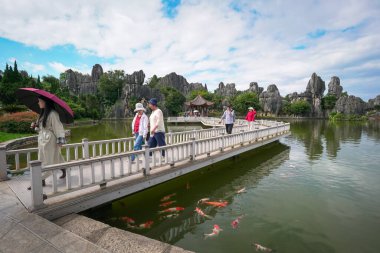 Kunming, Çin - 10 Ekim 2025: Shilin, Kunming, Yunnan, Çin 'deki Stone Forest Ulusal Parkı içinde manzara.