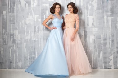 İki güzel ikiz genç bayan lüks elbise, pastel renkler. Güzellik moda portre