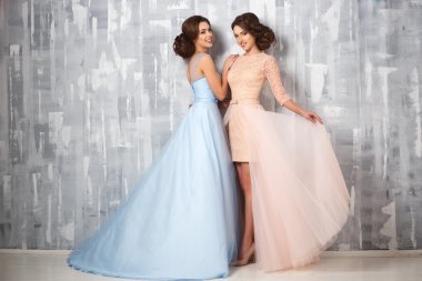 İki güzel ikiz genç bayan lüks elbise, pastel renkler. Güzellik moda portre