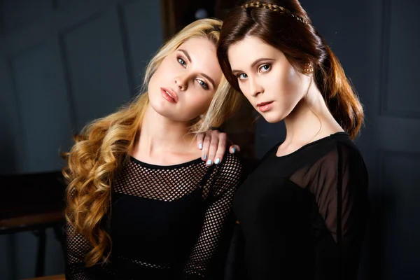 Hermosas mujeres gemelas jóvenes en un negro vestidos y maquillaje perfecto y estilo de pelo —  Fotos de Stock