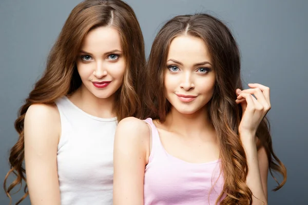 Schöne Zwillinge junge Frauen in lässiger Kleidung vor grauem Hintergrund. Schönheit Mode Porträt, lässiger Stil — Stockfoto
