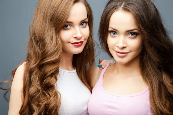Beaux jumeaux jeunes femmes en vêtements décontractés sur fond gris. Beauté portrait de mode, style décontracté — Photo