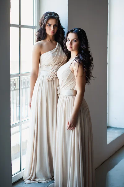 Beautiful twins young women in in gorgeous evening dresses in a loft space in a morning — Stock Photo, Image