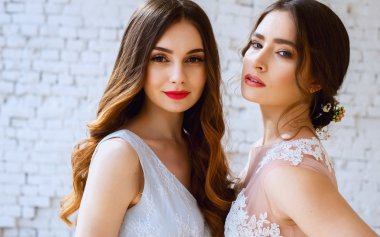 İki gelin bir ihale ışıkta pembe ve mavi gelinlik: bir sabah. Moda Güzellik Portresi