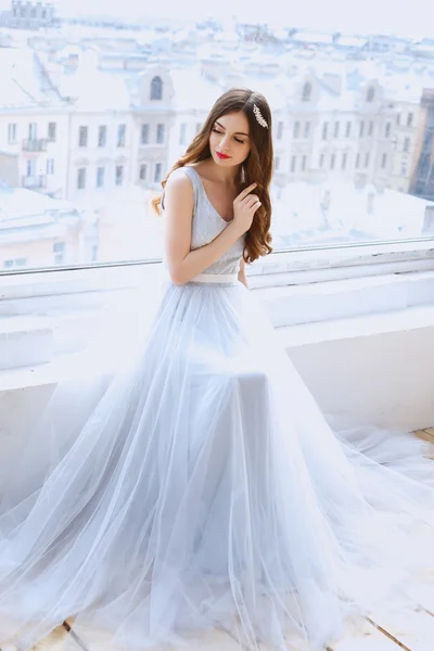 Bride in a tender light blue wedding dress in a morning. Fashion beauty portrait — Stock Photo, Image