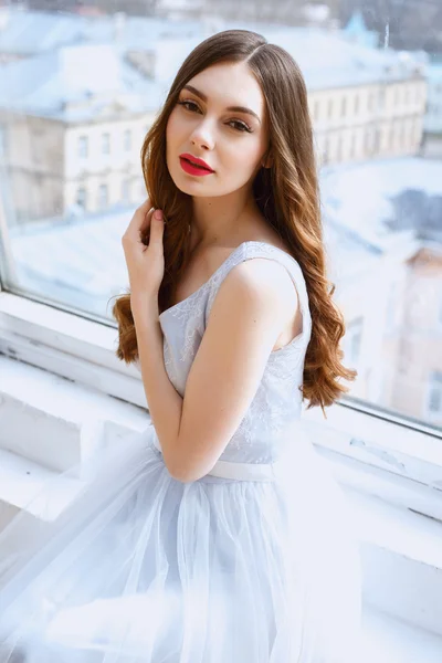 Bride in a tender light blue wedding dress in a morning. Fashion beauty portrait — Stock Photo, Image