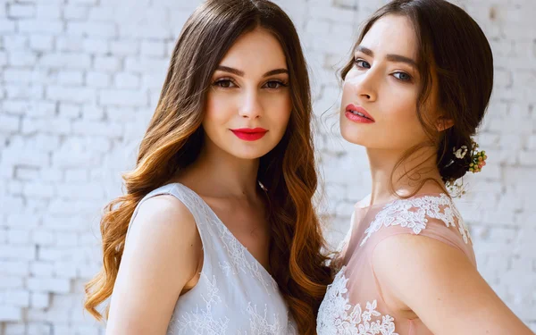 Duas noivas em um rosa claro terno e vestidos de casamento azuis em uma manhã. Retrato de beleza de moda — Fotografia de Stock