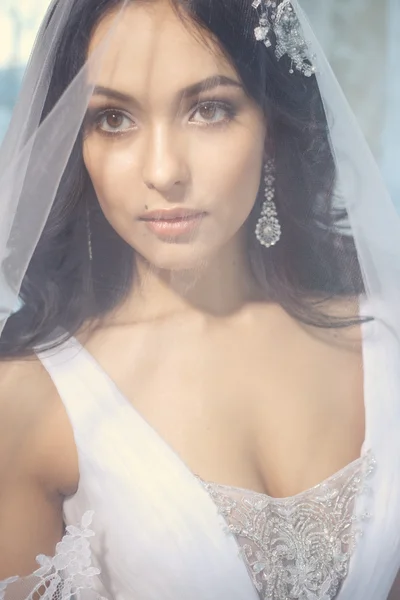Beautiful bride under bridal veil in a morning. Wedding day — 스톡 사진