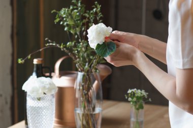 İş yerinde çiçekçi: değişik çiçek çiçek kompozisyon yapma kadın