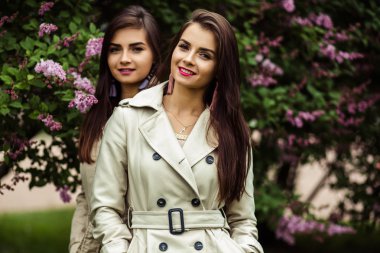 İki güzel genç kadınlarda siper kat çiçek leylak yakınındaki İkizler
