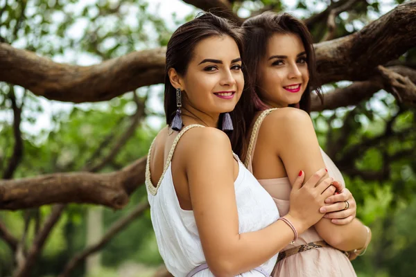 Δύο δίδυμα όμορφες νεαρές γυναίκες καλοκαίρι φορέματα κοντά ανθισμένη πασχαλιά — Φωτογραφία Αρχείου