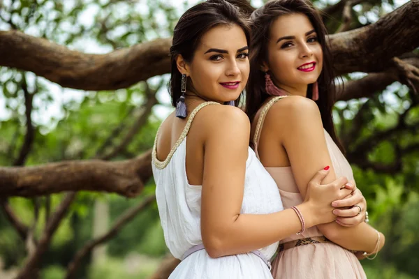 Dwie młode kobiety piękne bliźniaki w lato sukienki w pobliżu kwitnący liliowy — Zdjęcie stockowe