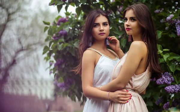 Две красивые близнецы молодые женщины в летних платьях рядом с цветущей сиренью — стоковое фото
