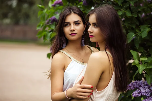 Dos hermosas gemelas mujeres jóvenes en vestidos de verano cerca de la floración lila — Foto de Stock