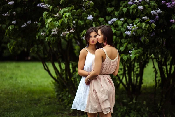 Deux belles jumelles jeunes femmes en robes d'été près de fleurs lilas — Photo