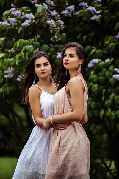 Zwei schöne Zwillinge junge Frauen in Sommerkleidern in der Nähe blühenden Flieders — Stockfoto