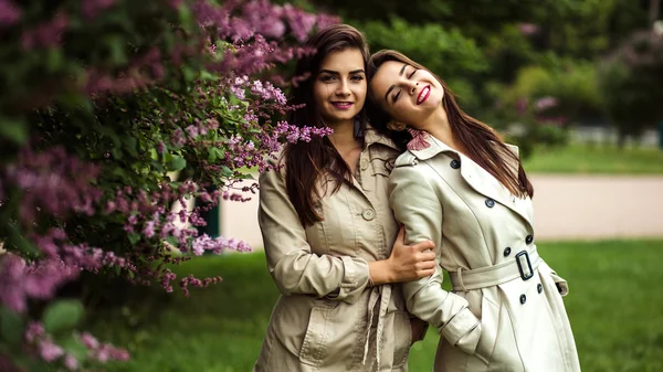 两位美丽双胞胎附近盛开淡紫色风衣的年轻女性 — 图库照片