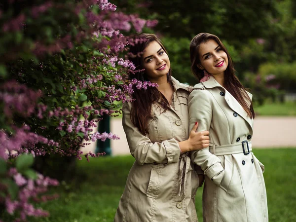 Zwei schöne Zwillinge junge Frauen in Trenchcoats in der Nähe blühenden Flieders — Stockfoto