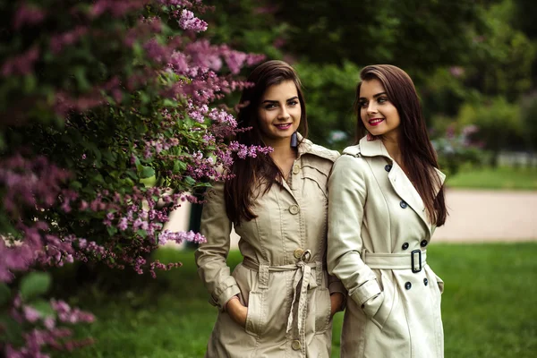 İki güzel genç kadınlarda siper kat çiçek leylak yakınındaki İkizler — Stok fotoğraf