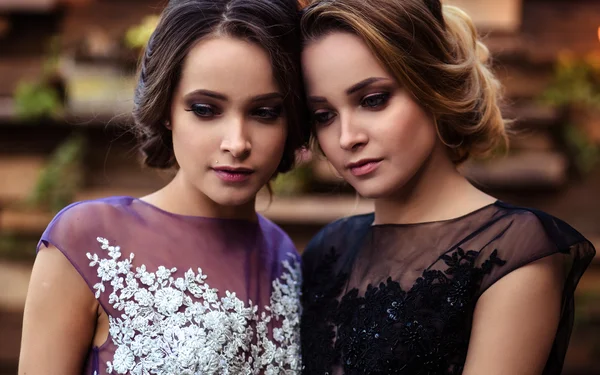 Портрет красивых близнецов молодых женщин в великолепных вечерних платьях — стоковое фото