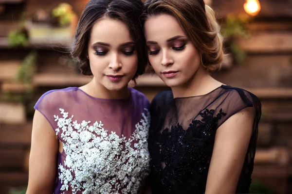 Güzel ikizleri muhteşem Abiye genç kadınlarda portresi — Stok fotoğraf