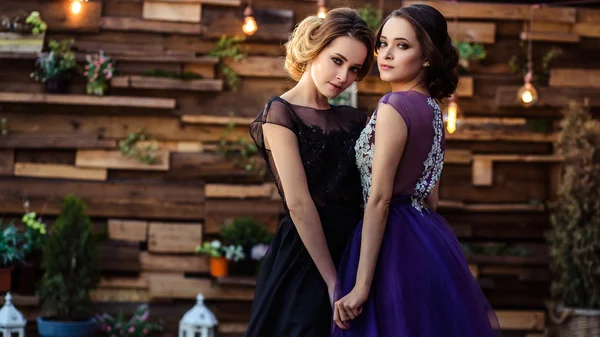 Portrait of beautiful twins young women in gorgeous evening dresses — Stock Photo, Image