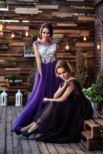 Portrait of beautiful twins young women in gorgeous evening dresses — Stock Photo, Image