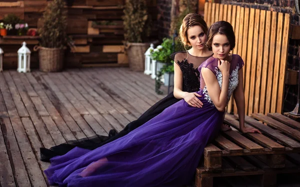 Портрет красивых близнецов молодых женщин в великолепных вечерних платьях — стоковое фото
