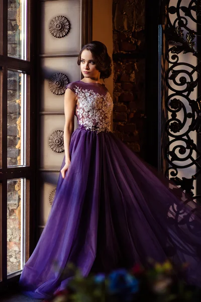 Retrato de hermosa mujer joven elegante en vestido de noche precioso — Foto de Stock