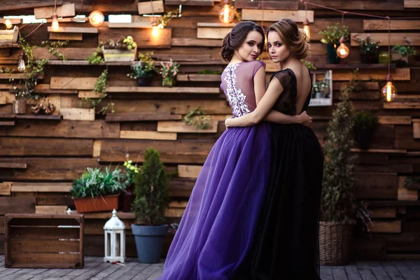 Портрет красивих близнюків молодих жінок у чудових вечірніх сукнях — стокове фото