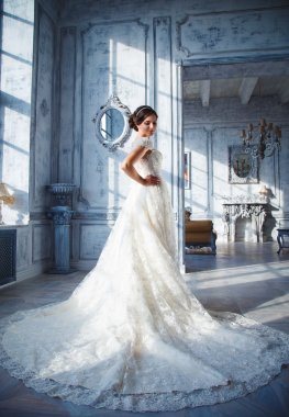 Photo of a beautiful brunette bride in a luxurious wedding dress in elegant expensive interior