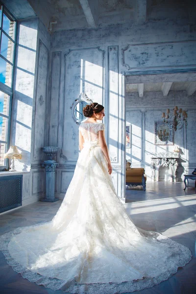 Foto di una bella sposa bruna in un abito da sposa di lusso in eleganti interni costosi — Foto Stock