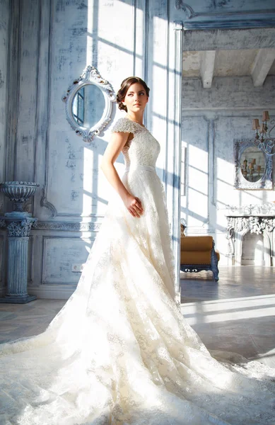 エレガントな高価な内装の豪華なウェディング ドレスの美しいブルネットの花嫁の写真 ロイヤリティフリーのストック画像