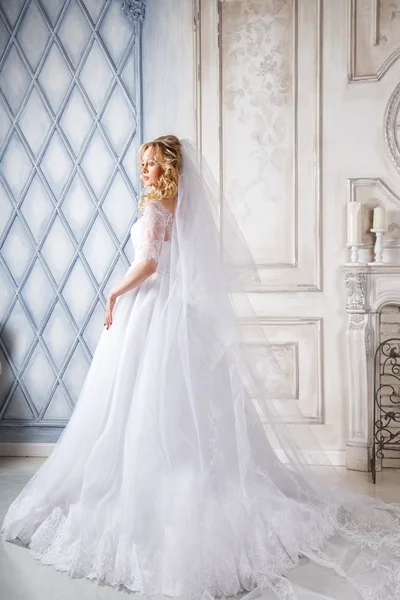 Foto di una bella sposa bruna in un abito da sposa di lusso in eleganti interni costosi — Foto Stock