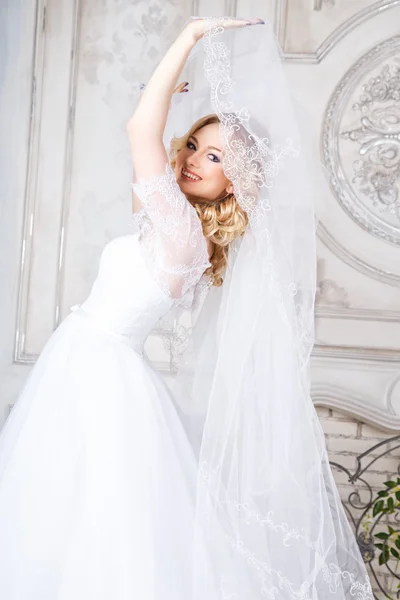 Foto einer schönen brünetten Braut in einem luxuriösen Hochzeitskleid im eleganten teuren Interieur — Stockfoto