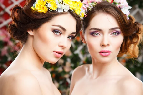 Portret van tweeling prachtige jonge vrouwen met perfecte make-up en haarstijl met bloemen in haar — Stockfoto