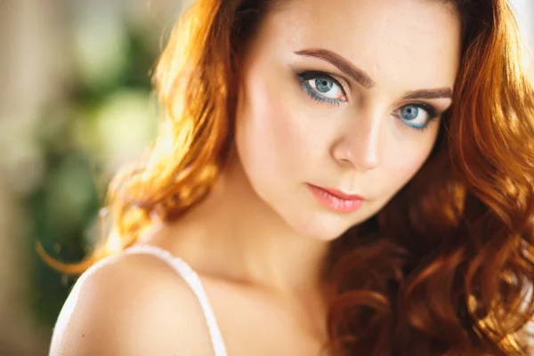 Closeup portrait of redhead young woman in gorgeous lingerie in luxury interior — Stock Photo, Image