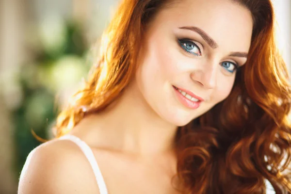 Closeup portrait of redhead young woman in gorgeous lingerie in luxury interior — Stock Photo, Image