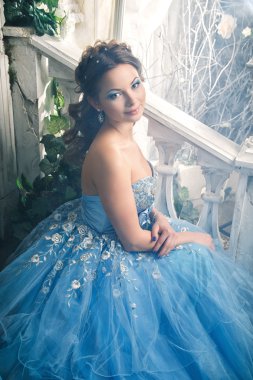 Muhteşem mavi uzun elbiseli güzel genç kadın mükemmel makyajlı ve saç stili olan Cinderella gibi.