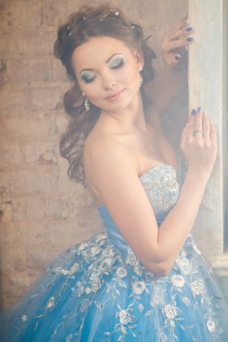 Muhteşem mavi uzun elbiseli güzel genç kadın mükemmel makyajlı ve saç stili olan Cinderella gibi.