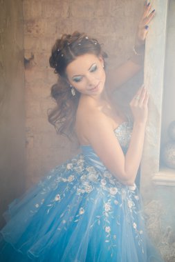 Muhteşem mavi uzun elbiseli güzel genç kadın mükemmel makyajlı ve saç stili olan Cinderella gibi.