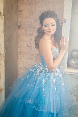 Muhteşem mavi uzun elbiseli güzel genç kadın mükemmel makyajlı ve saç stili olan Cinderella gibi.