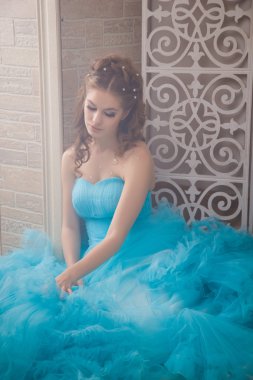 Muhteşem mavi uzun elbiseli güzel genç kadın mükemmel makyajlı ve saç stili olan Cinderella gibi.